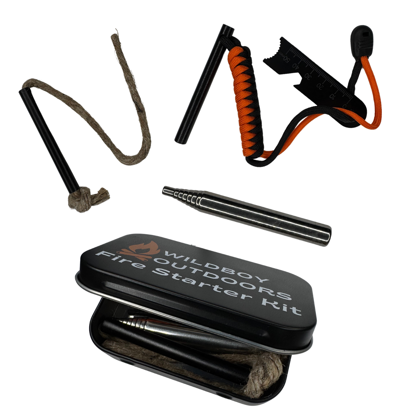 Ferro Rod & Striker, waxed Hemp Rope Tinder, Durable Metal Tin, Wildboy Outdoors Fire Starter Kit — Perfect for camping, survival, & emergency kits. Lightweight, reliable, and built to perform in any weather. Trusted by preppers & adventurers.